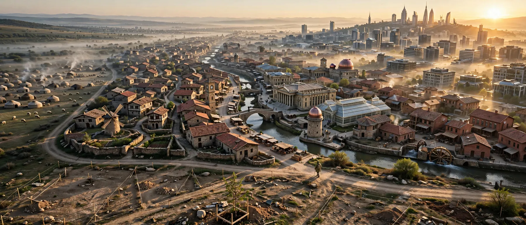 Küçük bir yerleşimden gün doğumu ışığıyla aydınlanan modern bir şehir silüetine uzanan manzara — çalıştıkça büyüyen şehrini simgeler.